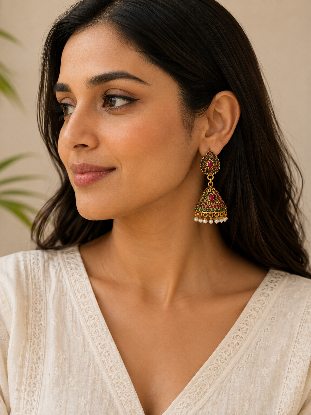 Ruby & Green Stone Jhumka Earrings with Pearl Drops