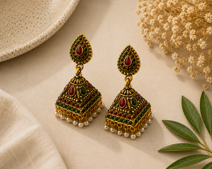 Ruby & Green Stone Jhumka Earrings with Pearl Drops