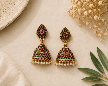 Ruby & Green Stone Jhumka Earrings with Pearl Drops