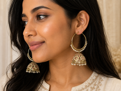 Pearl Hoop Jhumka Earrings with Pink Stone Detailing