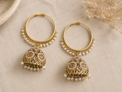 Pearl Hoop Jhumka Earrings with Pink Stone Detailing