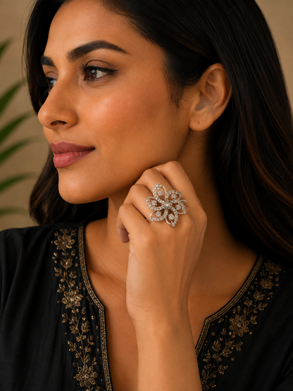 Silver Floral Statement Ring with Clear Stones