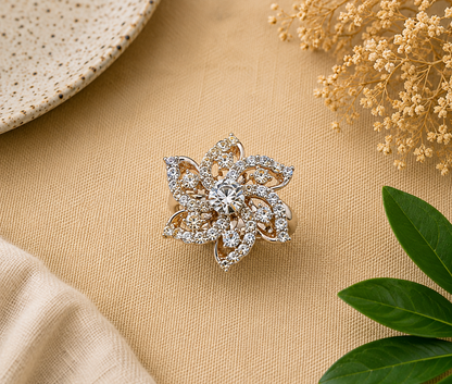 Silver Floral Statement Ring with Clear Stones