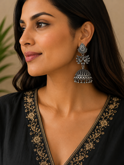 Oxidized Silver Peacock Jhumka Earrings with Intricate Detailing LP- 48Hr Delivery