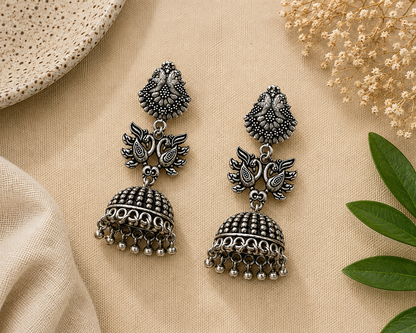 Oxidized Silver Peacock Jhumka Earrings with Intricate Detailing LP- 48Hr Delivery