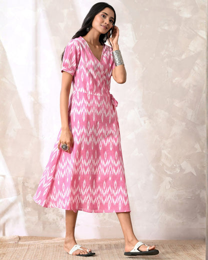 Saanjh Pink Ikat Wrap Dress