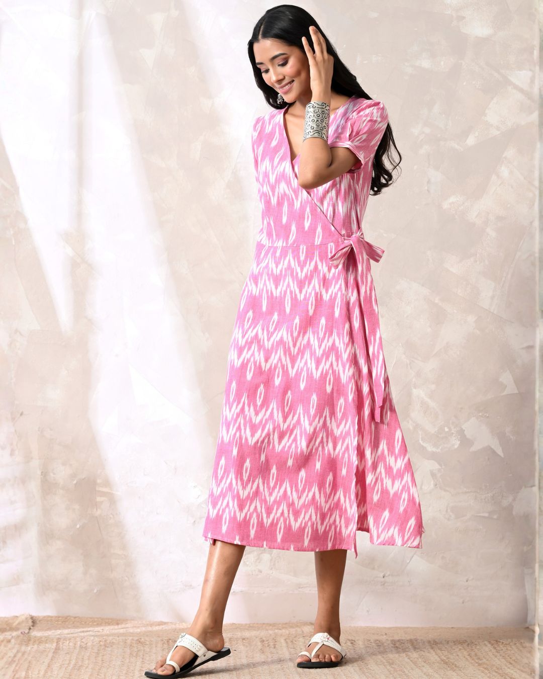 Saanjh Pink Ikat Wrap Dress