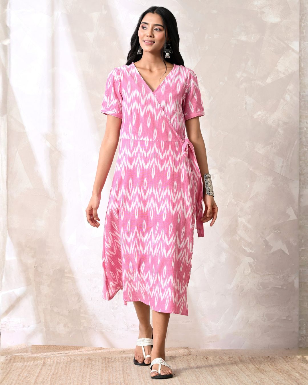 Saanjh Pink Ikat Wrap Dress