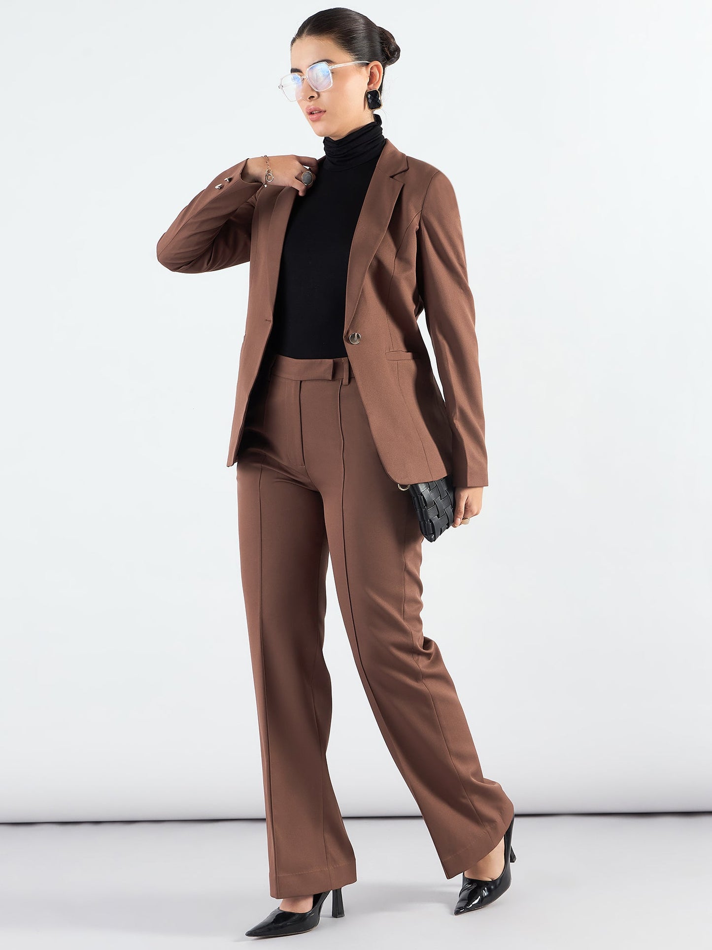 Brown Notched Lapel Blazer With High-Waist Trouser In Stretchable Fabric