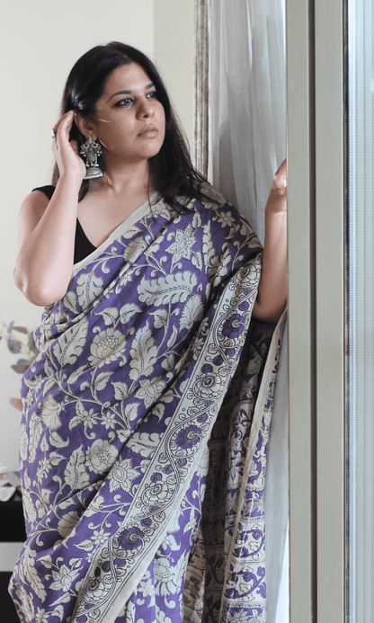 Purple Handblock Kalamkari Silk Saree - Baareeki