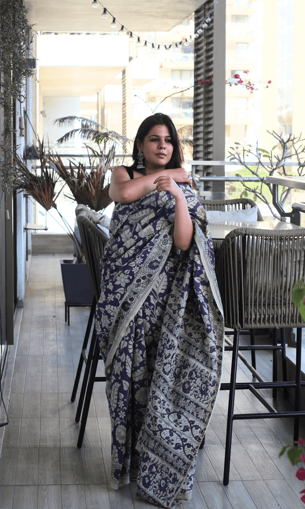 Purple Handblock Kalamkari Silk Saree - Baareeki