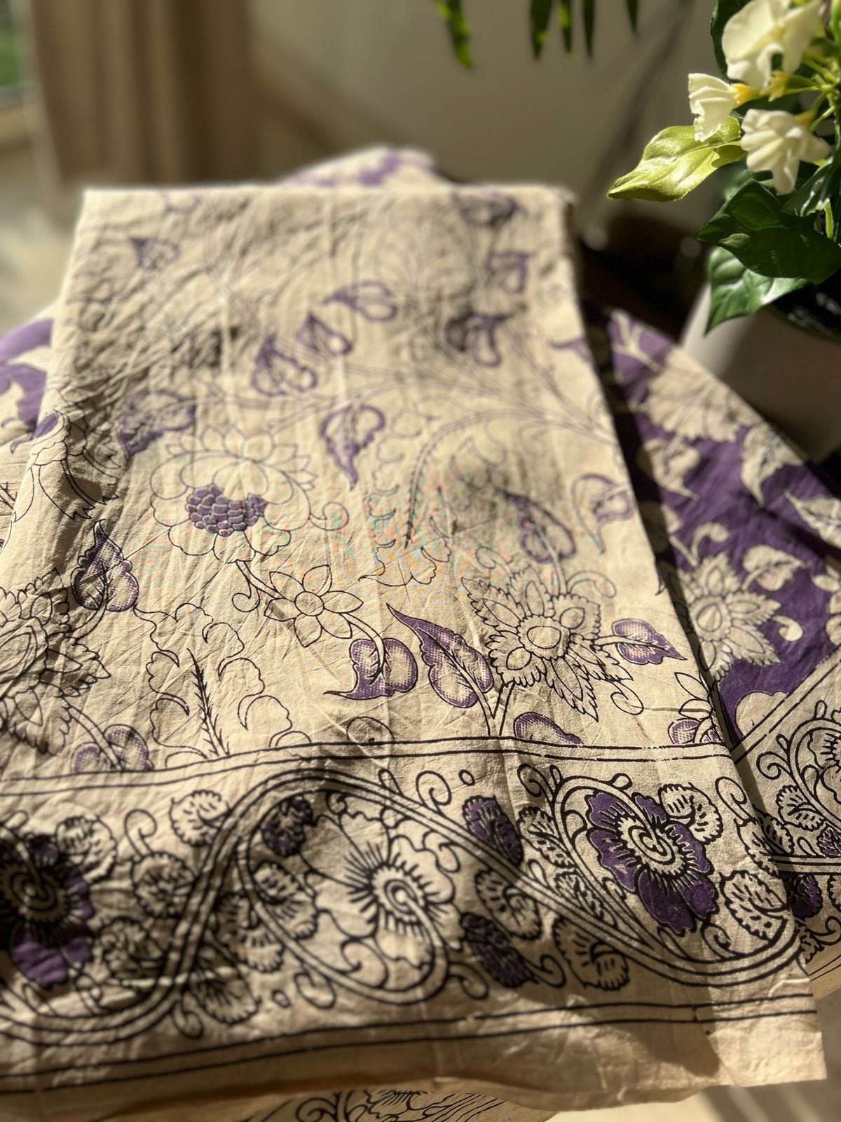 Purple Handblock Kalamkari Silk Saree - Baareeki