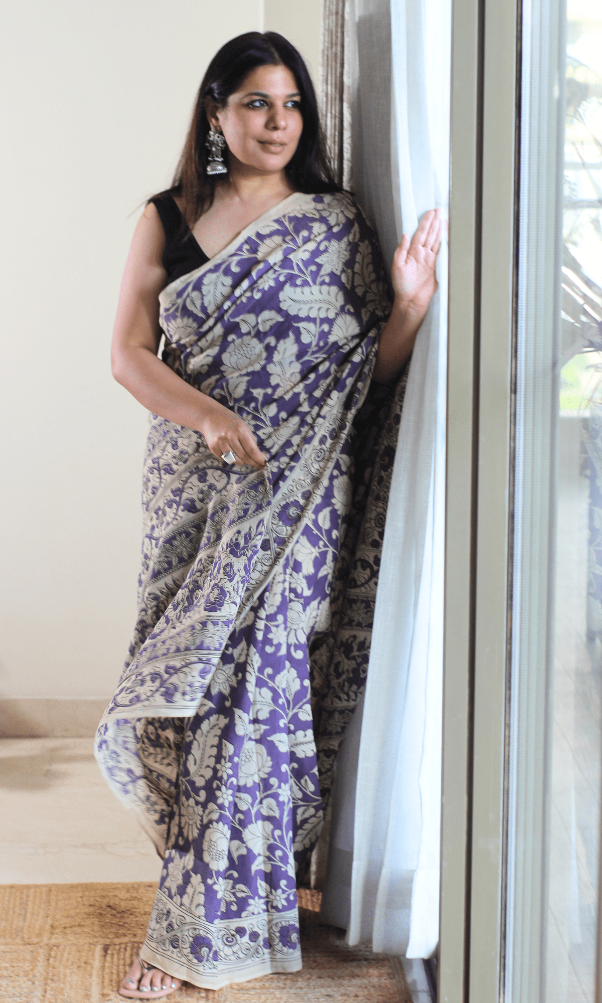 Purple Handblock Kalamkari Silk Saree - Baareeki