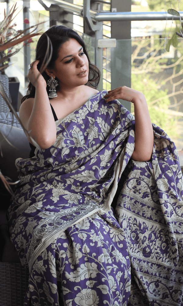 Purple Handblock Kalamkari Silk Saree - Baareeki