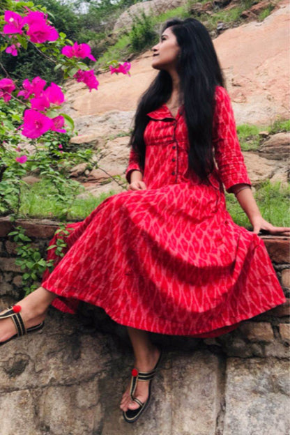 RED IKAT ANGRAKHA DRESS WITH BLACK DETAIL