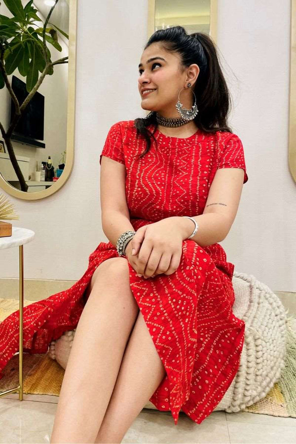 RED BANDHANI SLIT DRESS