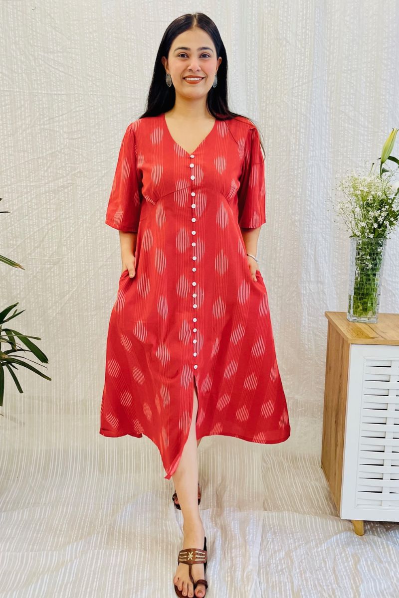 Red Ikat Aline Shirt Dress With Pockets
