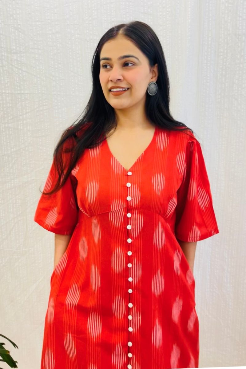 Red Ikat Aline Shirt Dress With Pockets