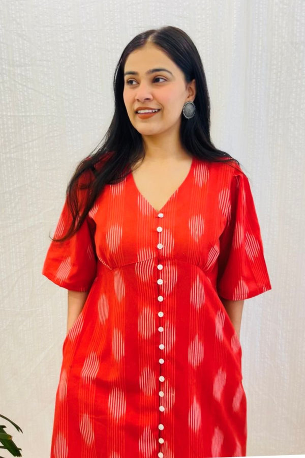 Red Ikat Aline Shirt Dress With Pockets