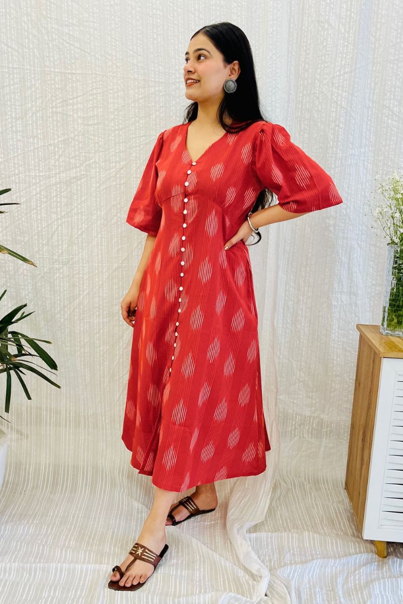 Red Ikat Aline Shirt Dress With Pockets