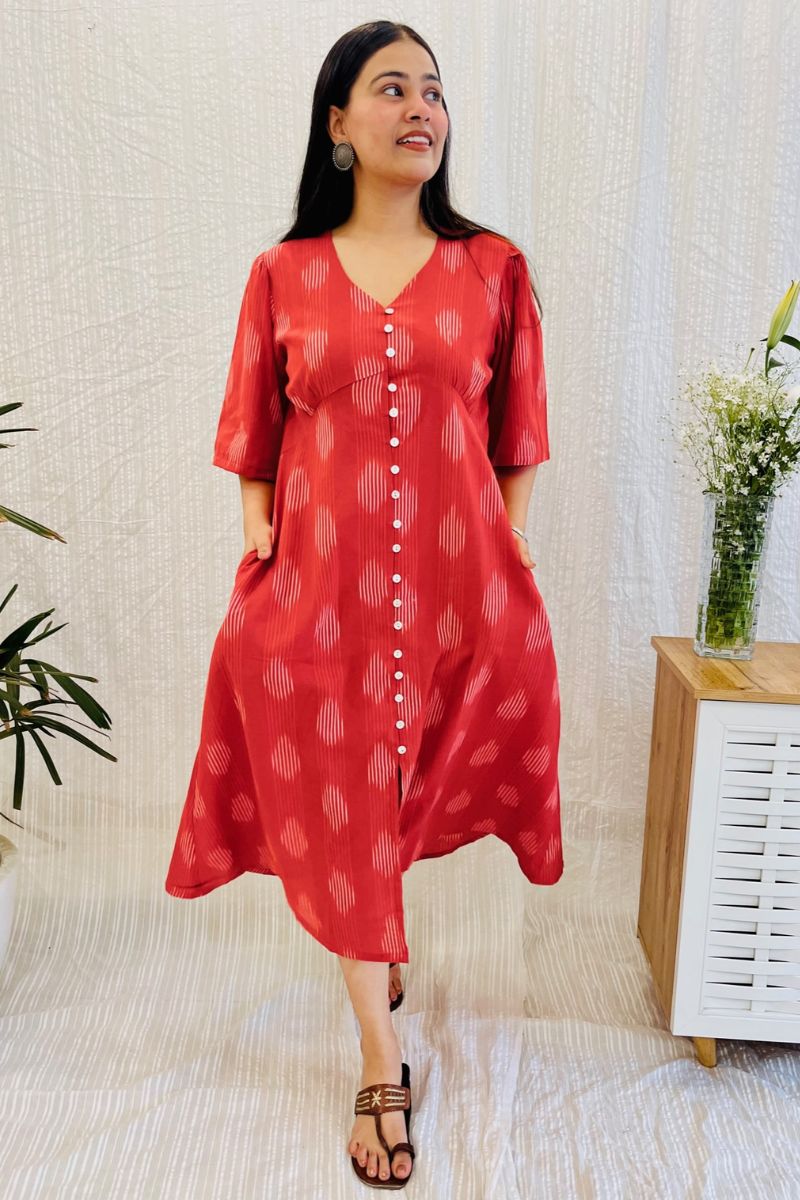 Red Ikat Aline Shirt Dress With Pockets