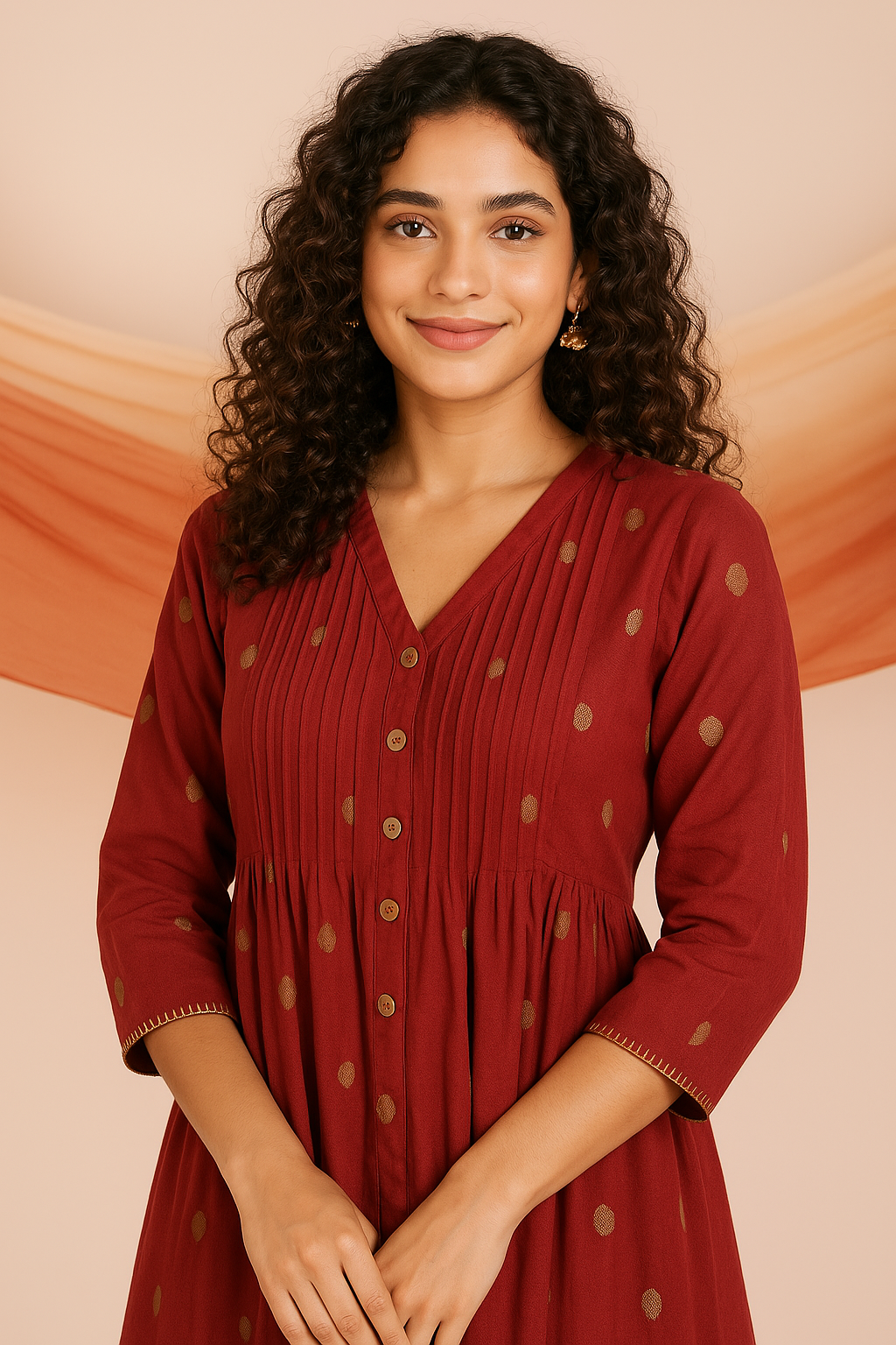 Maati Craft Gilded Crimson Polka V-neck Infinity Pintuck Dress