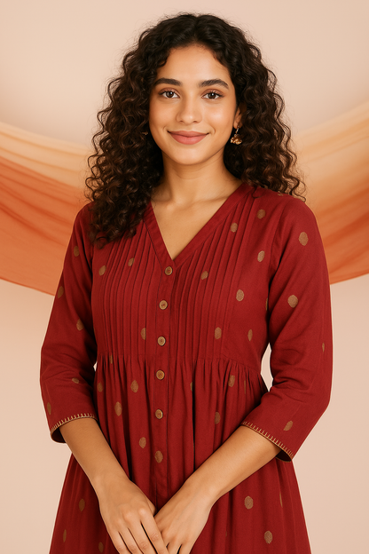 Maati Craft Gilded Crimson Polka V-neck Infinity Pintuck Dress
