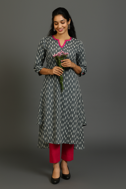 Maati Craft Ash Rose Sprinkle Ikat Long Kurta with Side Twist
