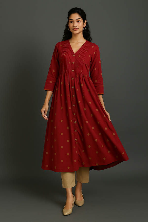 Maati Craft Gilded Crimson Polka V-neck Infinity Pintuck Dress