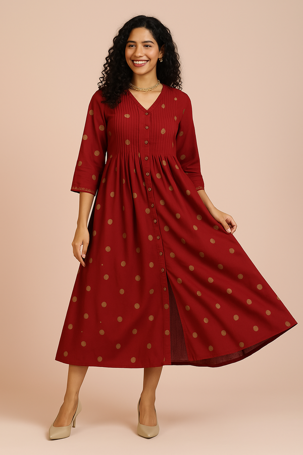 Maati Craft Gilded Crimson Polka V-neck Infinity Pintuck Dress