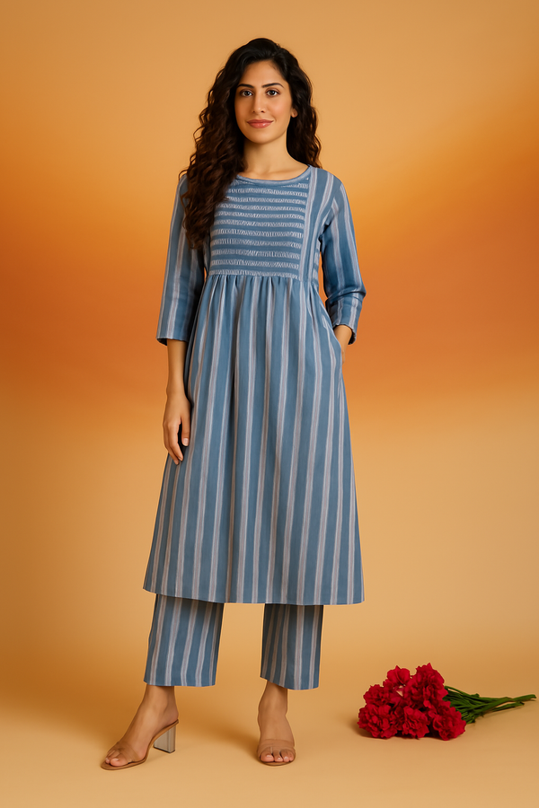 Maati Craft Co-ord Set Stormlight Stripes Smocked Yoke Kurta & Pants