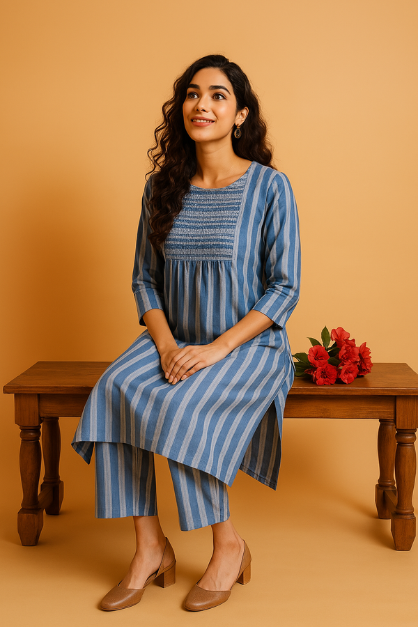 Maati Craft Co-ord Set Stormlight Stripes Smocked Yoke Kurta & Pants