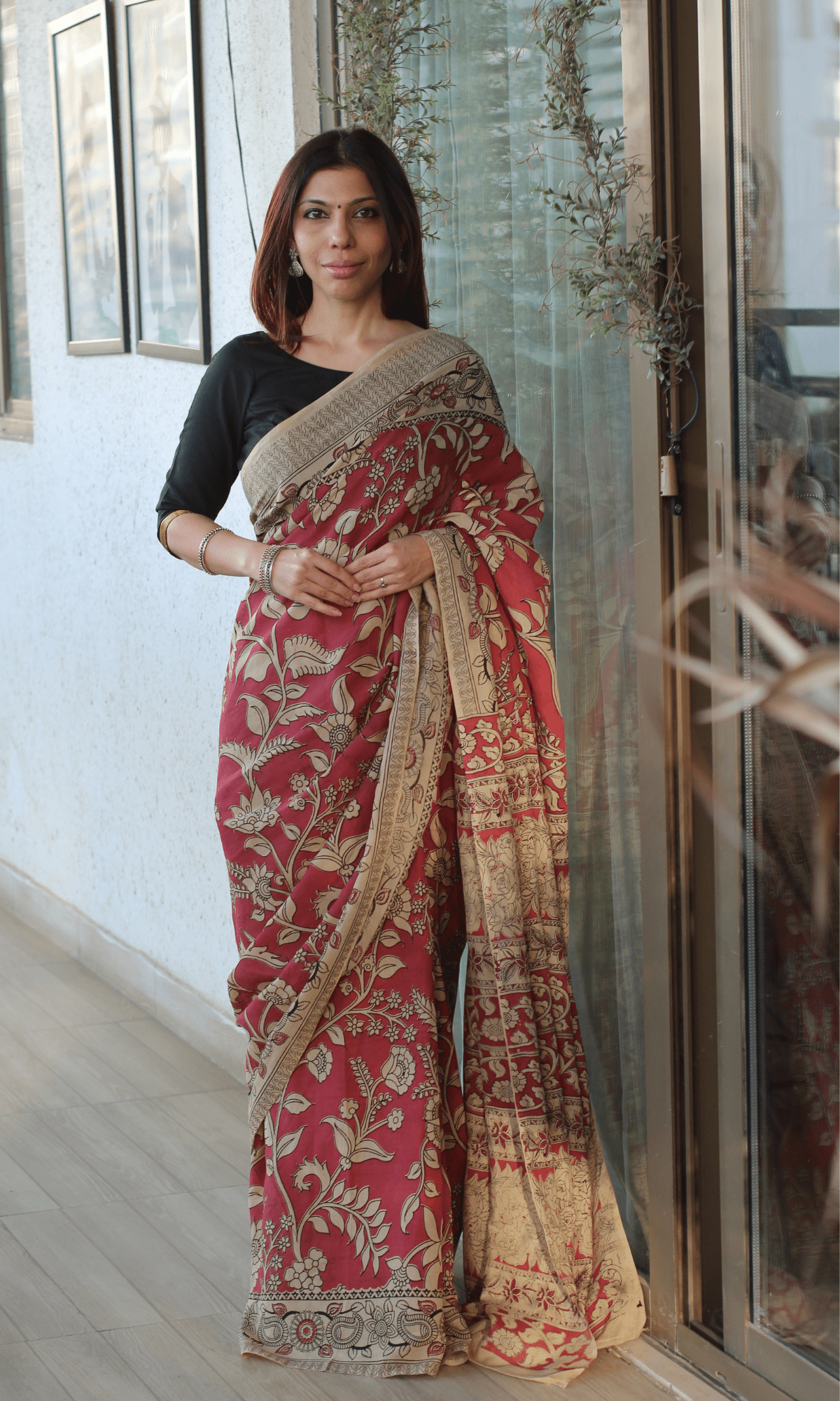 Rose Pink Handblock Kalamkari Silk Saree - Baareeki