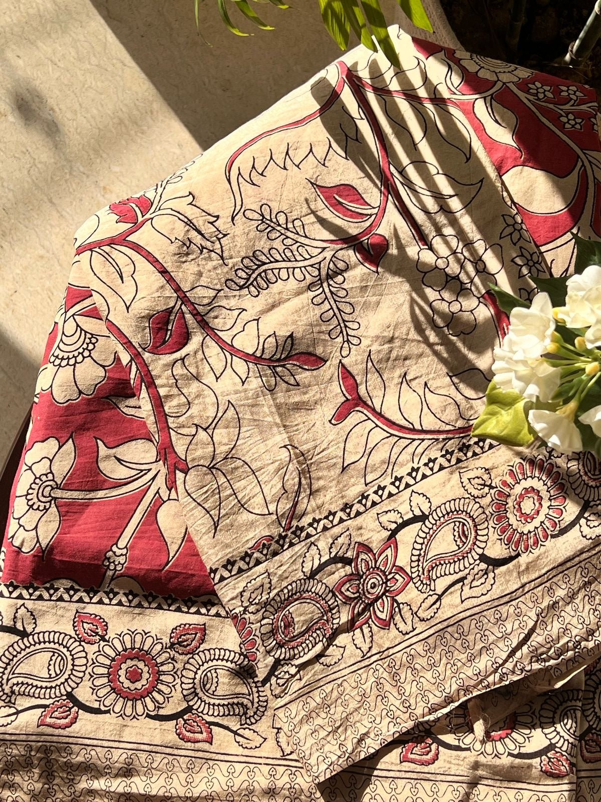 Rose Pink Handblock Kalamkari Silk Saree - Baareeki