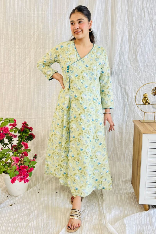 Sage Green Block Print Angrakha Kurta