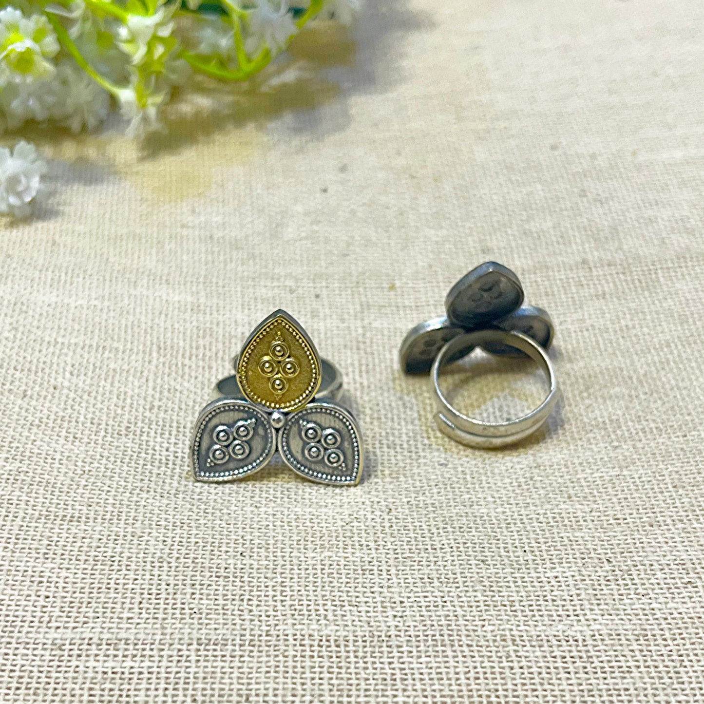 Willow Traditional Ethnic Dual Tone Ring with Tri-Leaf Design