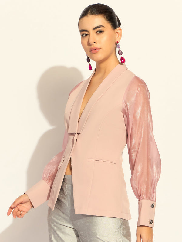 Pink Puffed-Sleeves Split Joint Lapel Top In Stretchable Fabric