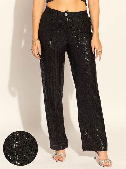 Black Sequined High Waist Trouser In Stretchable Fabric