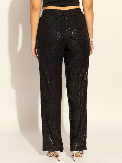 Black Sequined High Waist Trouser In Stretchable Fabric