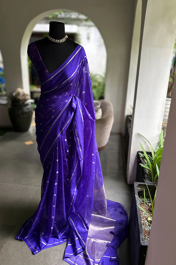 Organza Saree Line Border Violet Border