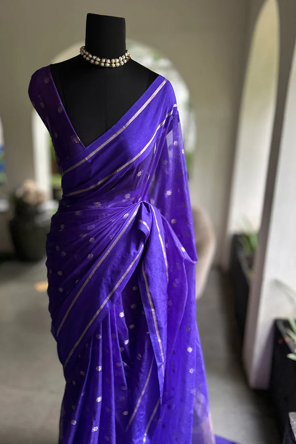Organza Saree Line Border Violet Border