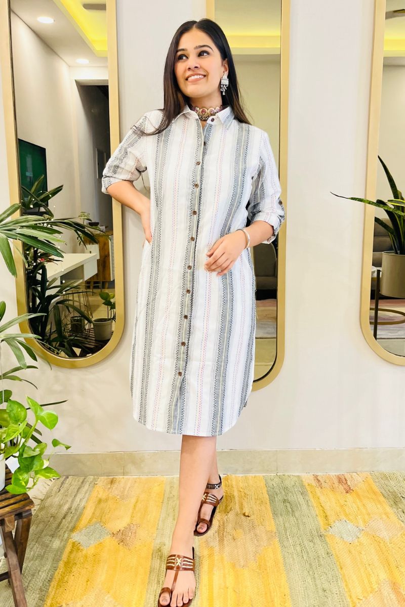 White Embroidered Shirt Dress With Pockets