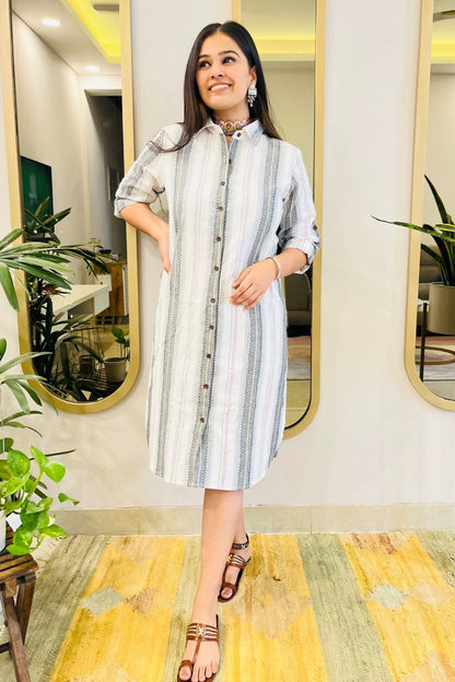White Embroidered Shirt Dress With Pockets