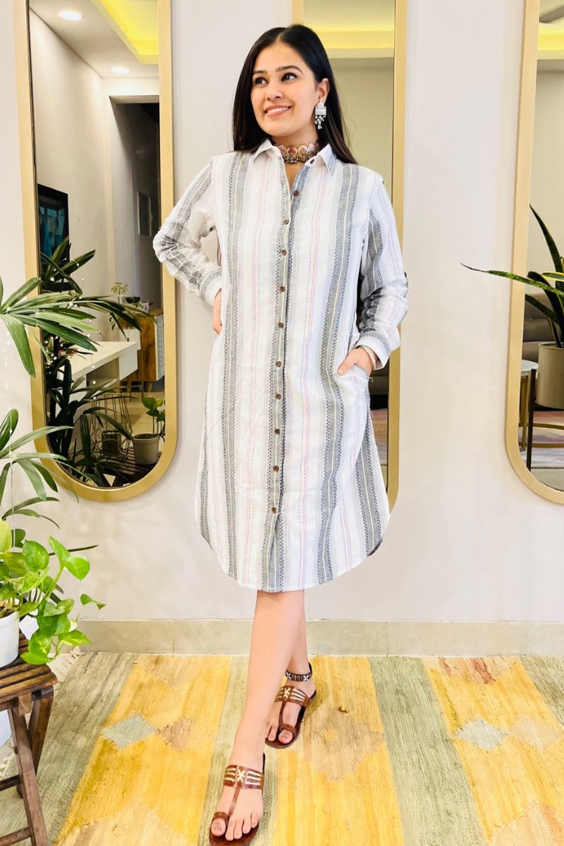 White Embroidered Shirt Dress With Pockets