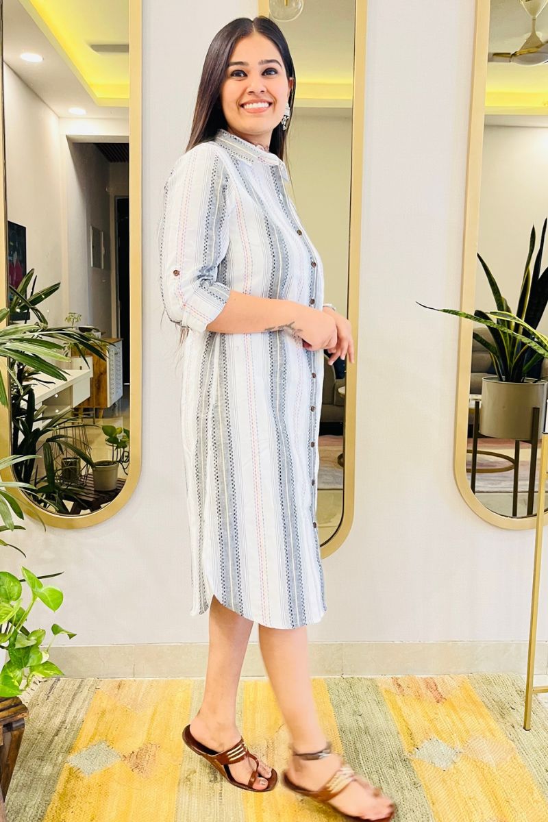 White Embroidered Shirt Dress With Pockets