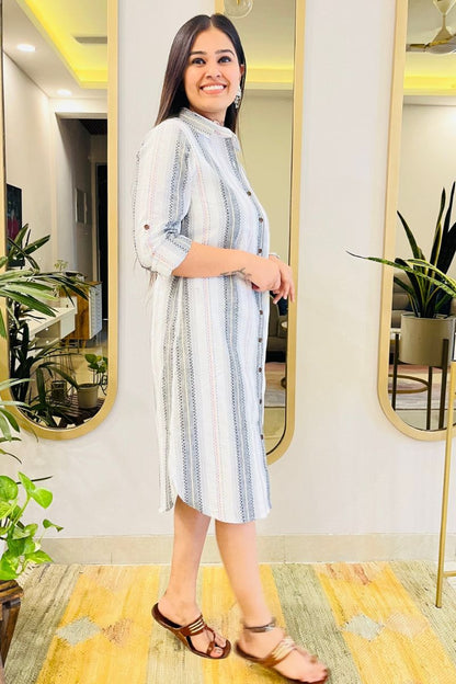 White Embroidered Shirt Dress With Pockets