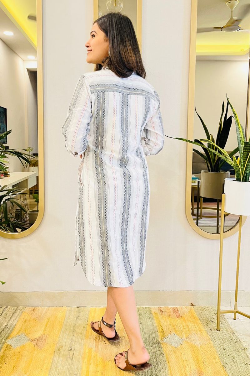 White Embroidered Shirt Dress With Pockets