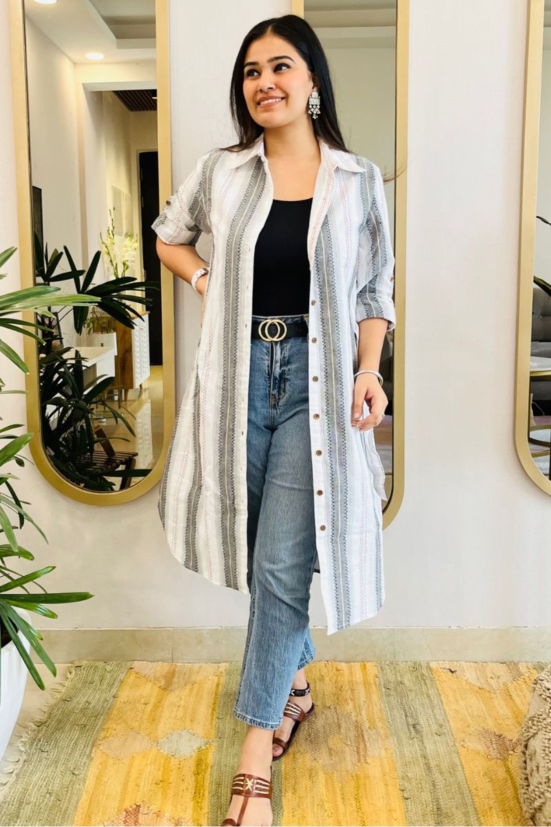 White Embroidered Shirt Dress With Pockets