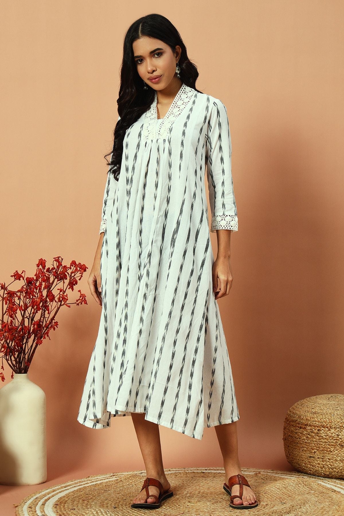 White Ikat Lace Detail Maxi Dress