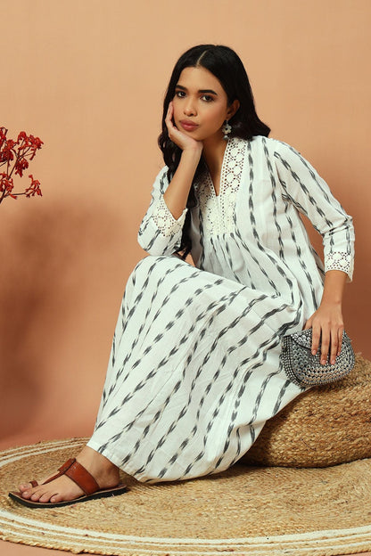 White Ikat Lace Detail Maxi Dress